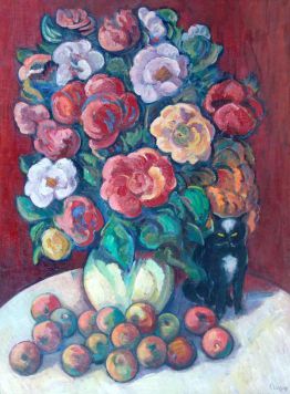 Натюрморт с цветами, котом и яблоками.