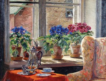 Комната с цветами, столом, накрытым к чаю, и голубком за окном.