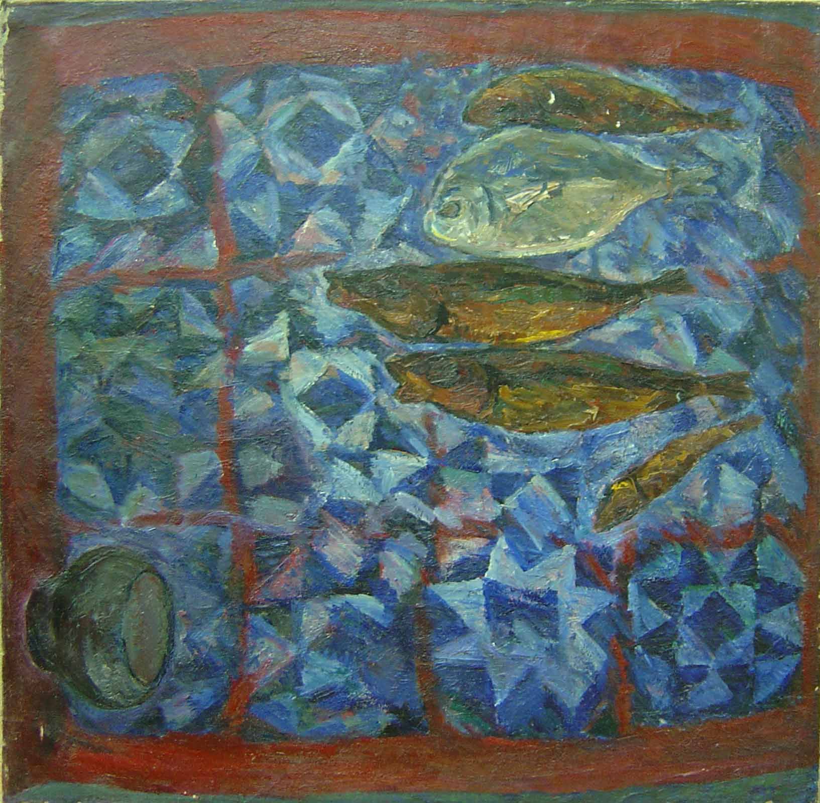 Still life with fish on a blue blanket.