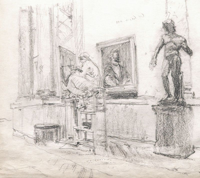 Architectural drawing of the interior. Artist in the museum.