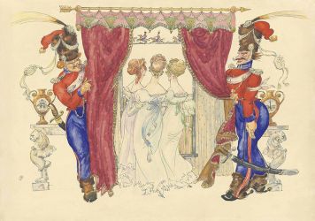 Эскиз к театральной постановке Казаки войска М.И.Платова В Париже : Три девушки у окошка.